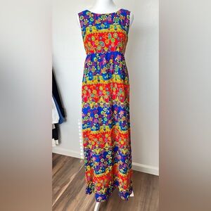 Vintage 70's Handmade Retro Bold Paisley Print Empire Waist Maxi Dress Sz. Small
